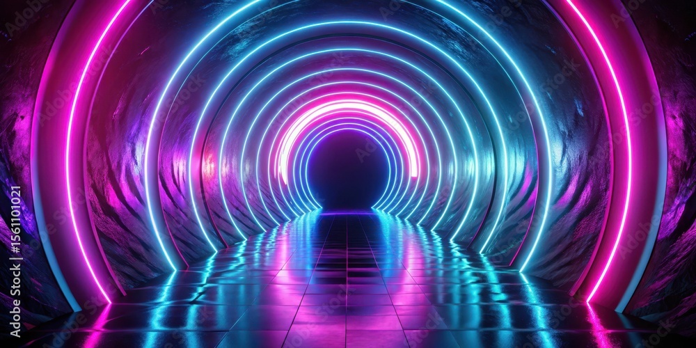 Fototapeta premium Abstract Neon Tunnel with Vibrant Pink and Blue Lighting Effects in a Reflective Environment