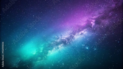 Vibrant cosmic nebula with glowing stars and a gradient of deep blue to purple and teal hues