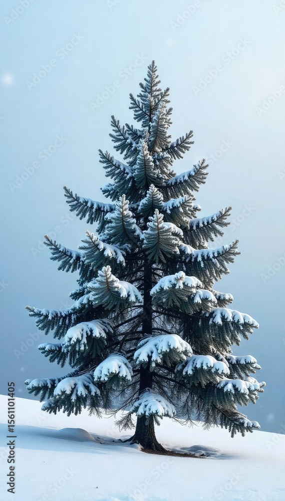 Obraz premium A single, majestic fir tree stands alone in a snowy landscape, its branches laden with fresh, untouched snow The serene scene evokes feelings of winter solitude and natural beauty , ecology, rural