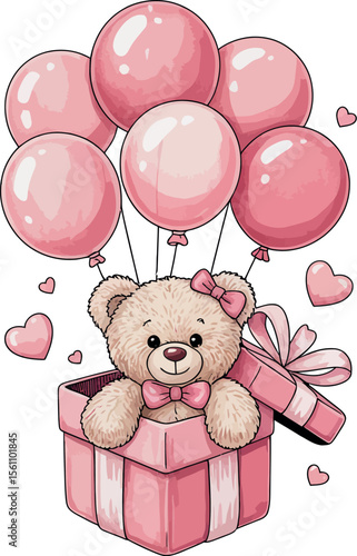 A teddy bear in a pink gift box with a bow and pink balloons floating around on a white background


