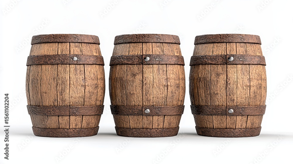 Fototapeta premium Three Aged Wooden Barrels on White Background