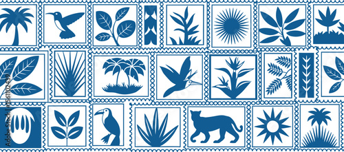 Blue and white stamp like pattern featuring tropical plants, birds, and a panther illustration



