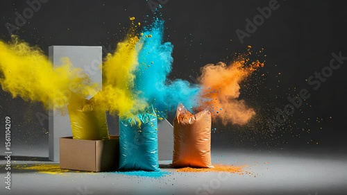 Exploding Vivid Colors Three Powder Filled Bags on Gray Background Studio Shot