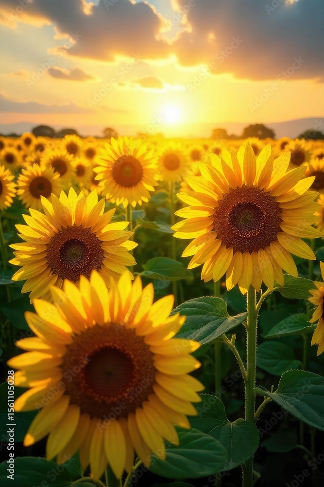 Fototapeta premium A vibrant field of sunflowers, their golden heads following the sun, creating a mesmerizing natural pattern Perfect for backgrounds, textures, or nature-themed projects , bright, golden hour