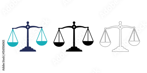 Vector art of scales of justice icons in blue, black and white isolated on white background