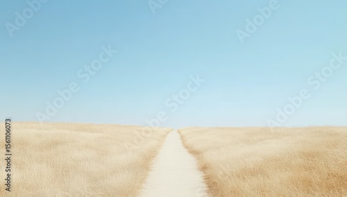 A pale beige path stretches through a field of dried golden grass under a clear pale blue sky