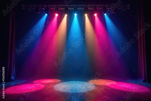 Professional stage lighting setup with colorful spotlights illuminating a dark theater, ready for a performance Multiple beams create dramatic effects , drama, lighting technician, technology