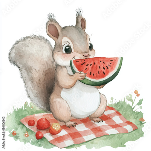 Adorable Squirrel Enjoying Summer Picnic with Watermelon