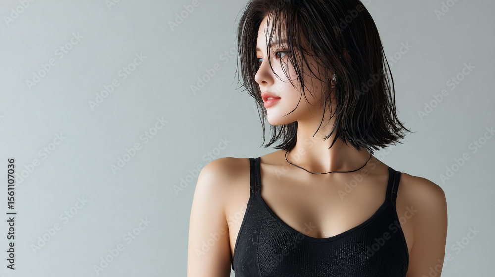 Fototapeta premium 美女, 女性, 美しい, 顔, モデル, 日本, 韓国, 中国, アジア, カフェ,女性、プール、夏、ビキニ、美しさ、水泳