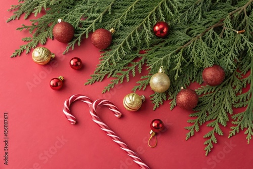 Festive christmas ornaments and candy canes on a red background