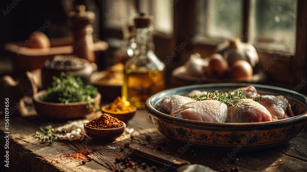 Fresh Chicken with Herbs and Spices on Rustic Kitchen Table Fresh Chicken with Herbs and Spices on Rustic Kitchen Table