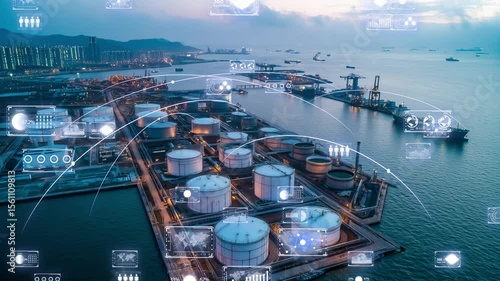 High-tech energy storage facility near coastline, connected by digital network and shipping