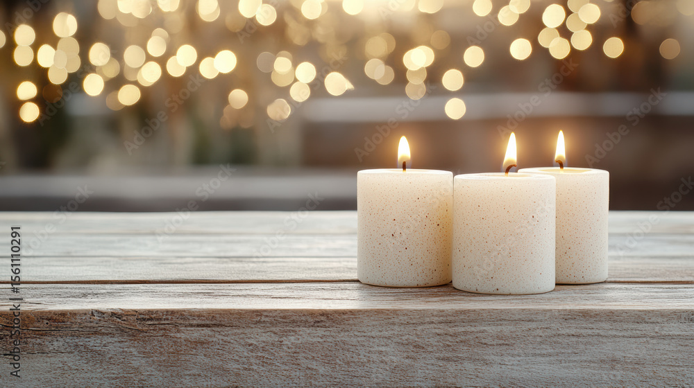 Soft candlelight glows warmly, creating serene atmosphere with blurred lights in background Soft candlelight glows warmly, creating serene atmosphere with blurred lights in background