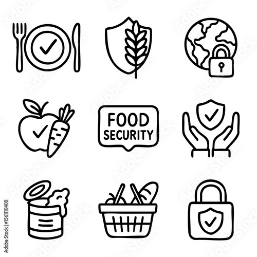 A set of doodle line icons representing food security, global access to safe food, nutrition safety, supply protection, and healthy eating