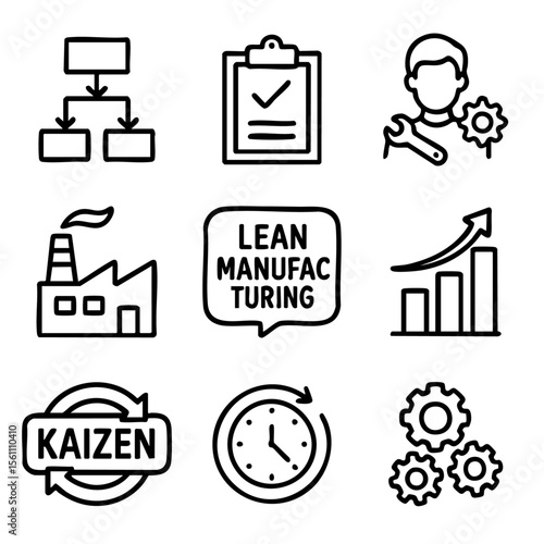 A set of doodle line icons illustrating lean manufacturing, kaizen, productivity, workflow efficiency, and continuous process improvement