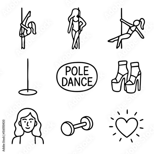 A set of doodle line icons showing pole dance activities including poses, shoes, equipment, strength training, self-expression, and empowerment