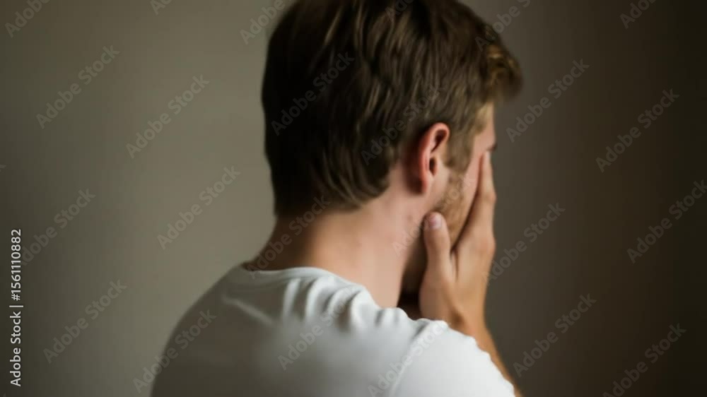Distressed man hides his face Distressed man hides his face