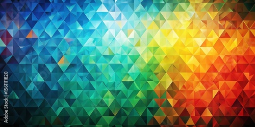 Vibrant Abstract Low-Poly Geometric Background with a Spectrum of Colors Ranging from Deep Blues to Vivid Oranges and Warm Yellows
