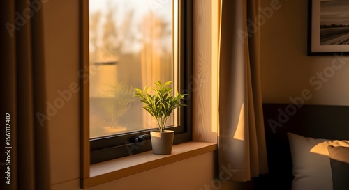 A vibrant indoor scene with a small potted plant illuminated by warm sunlight streaming through a window. The light casts golden hues across the room.