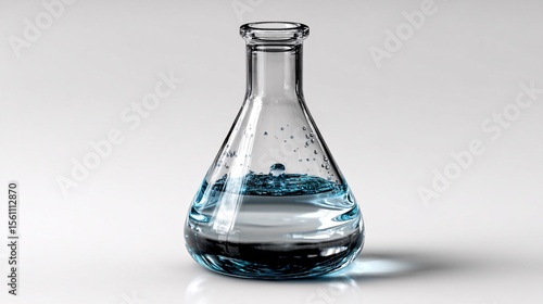 Glass Laboratory Flask with Blue Liquid and Bubbles on White Background