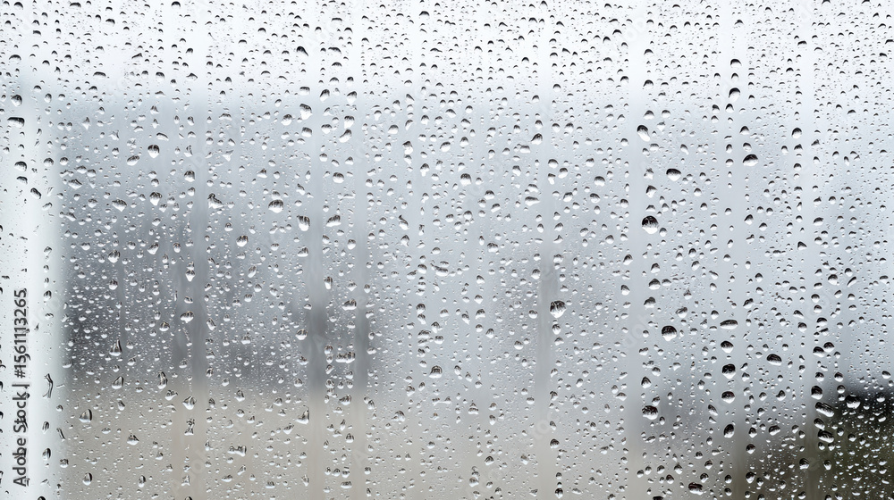 Droplets of water on foggy glass create serene atmosphere during rainy day Droplets of water on foggy glass create serene atmosphere during rainy day