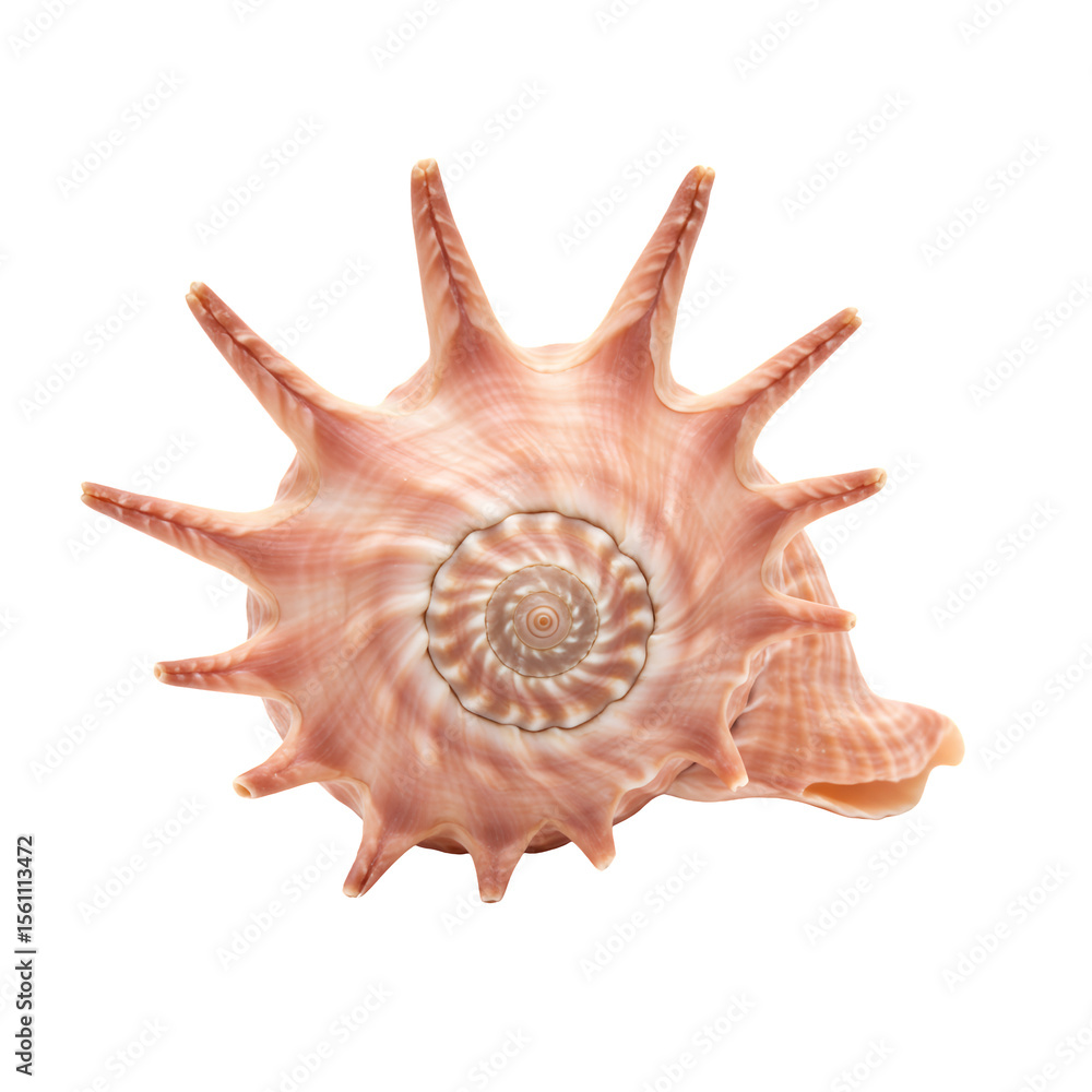 Pink seashell with sharp points, spiral pattern, and intricate texture. Isolated on transparent background. Detailed macro photography showcasing the shell's natural beauty and unique form. Pink seashell with sharp points, spiral pattern, and intricate texture. Isolated on transparent background. Detailed macro photography showcasing the shell's natural beauty and unique form.