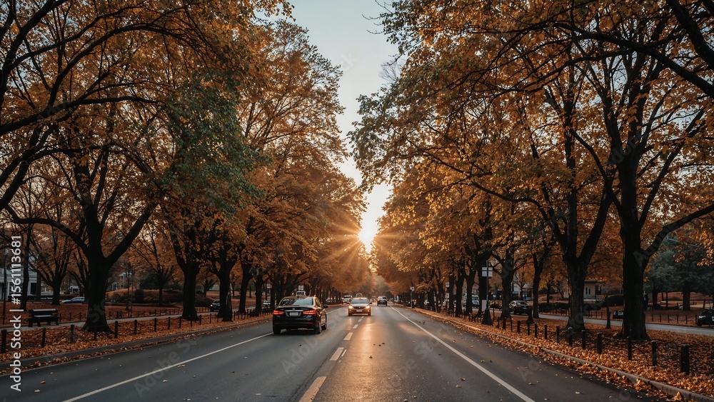 Fototapeta premium Autumn Central Park transverse road sunset, yellow cabs passing under golden canopy, realistic fall foliage textures.