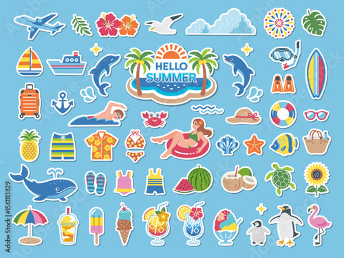 Summer vacation and beach sticker style icon set