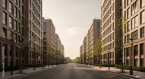 Cityscape scene featuring a long road flanked by symmetrical high-rise buildings with trees and sunlight. The architecture is modern with brick texture under a sunny sky.