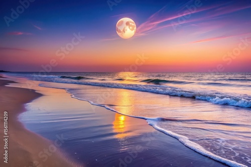 Serene Coastal Scene at Sunset with a Large, Bright Moon in the Sky