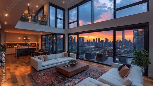 Modern penthouse living room with panoramic city views at sunset.  Open concept design showcasing a luxurious interior