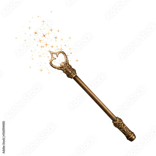 Golden Ornate Magic Wand with Sparkling Dust on Black Background