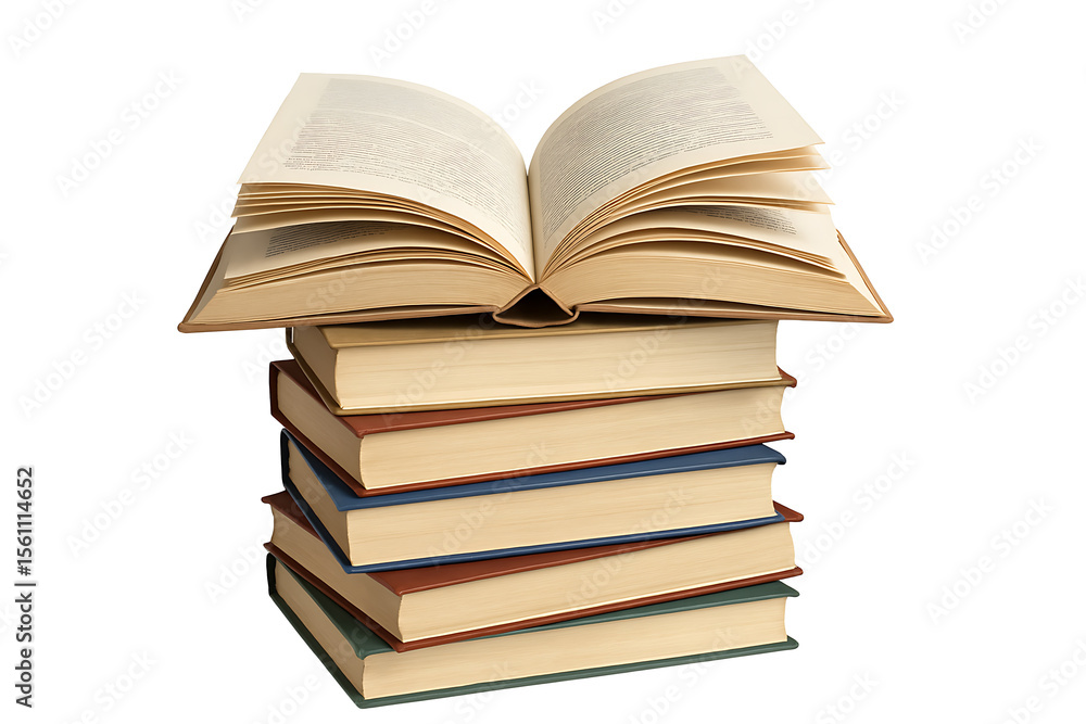 Fototapeta premium Stack of Generic Books with an Open Book on Top for Learning and Knowledge