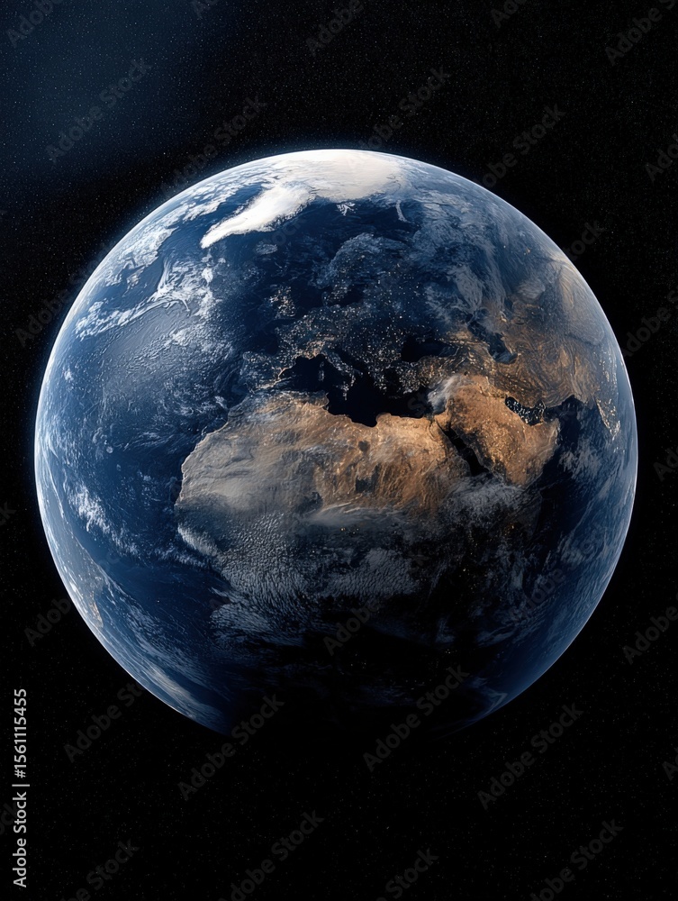 Naklejka premium Highly Detailed Satellite View of Earth from Space Showing Continents Oceans and Atmospheric Cloud Cover in Stunning Realistic Quality