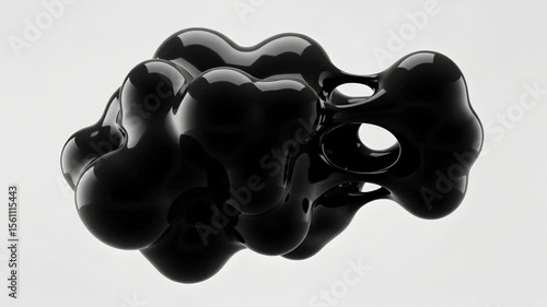 Glossy Black Abstract Blob-Like Form with Interconnected Curves on Pale Gray Backdrop