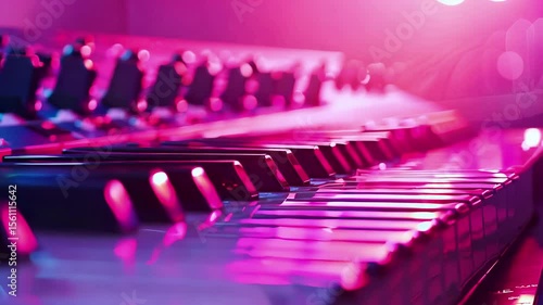 A vibrant close-up image of piano keys illuminated by soft, colorful lighting. The blurred background adds an artistic touch, capturing the essence of music and creativity.