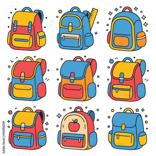 Set of school bag icons in flat colorful vector style

