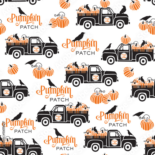 Halloween Vintage Black Truck with Pumpkins and Crow Birds, Pumpkin Patch Text- Halloween Vector Illustration