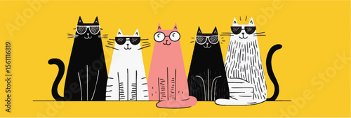 illustration of cool summer cats wearing sunglasses. hand drawn cartoon style