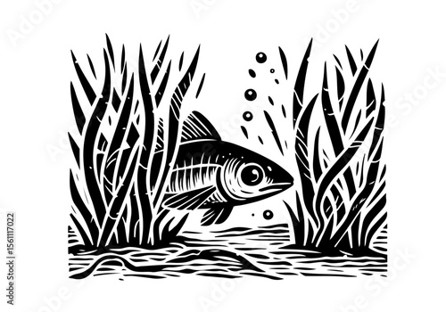 Minnow Fish Simple Hand Drawn Natural Illustration Stylized as Linocut Vector Isolated by AZ for Books, Arts, Design and Decoration Graphic Asset