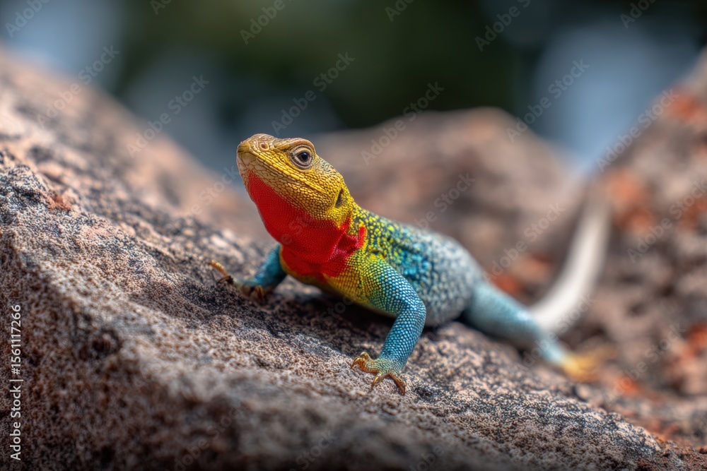 Vibrant Rainbow-colored Lizard on Rock with Detailed Texture and Natural Background in a Natural Habitat Setting Vibrant Rainbow-colored Lizard on Rock with Detailed Texture and Natural Background in a Natural Habitat Setting