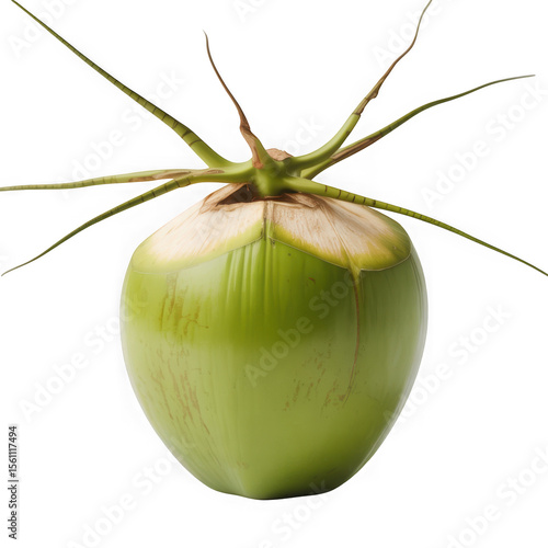 Fresh green coconut with fibrous stem and leaves isolated on a black background