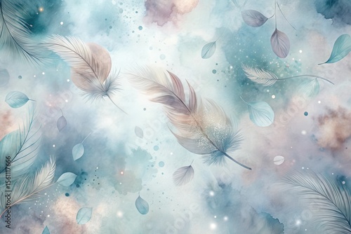 Serene Watercolor Design Featuring Delicate Feathers and Falling Leaves on a Soft Blue and Beige Background