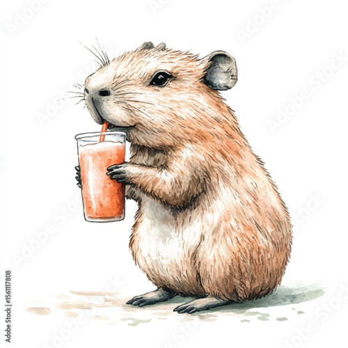 Adorable Rodent Enjoying a Refreshing Drink with Watercolor Artistic Style