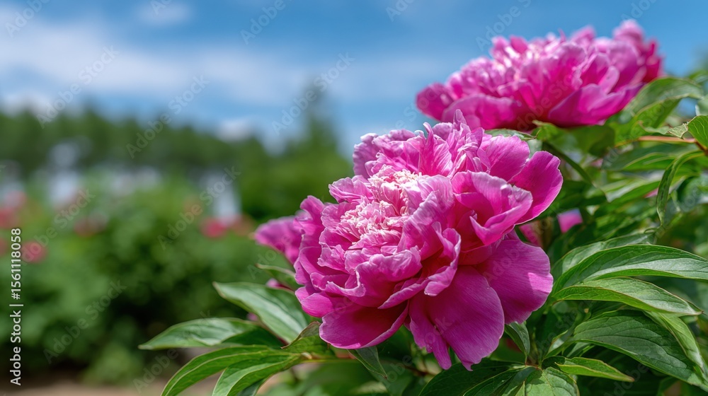 Stunning close-up view of vibrant pink peony flowers blooming amidst lush green foliage in a bright sunny garden scene in sptime Stunning close-up view of vibrant pink peony flowers blooming amidst lush green foliage in a bright sunny garden scene in sptime