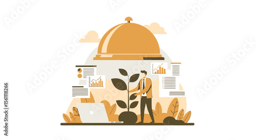 Businessman nurturing plant growth amidst financial charts and laptop