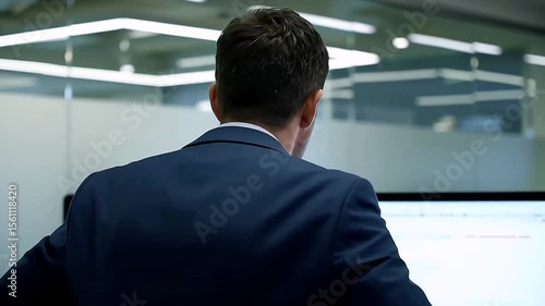 A man wearing a dark blue suit stands with his arms akimbo, staring tensely at a large monitor in a corporate office, reflects decision-making tension