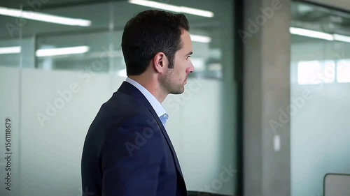 A professional man wearing a dark blue suit stands with his arms akimbo, staring tensely at a large monitor in a corporate office, reflects decision-making tension