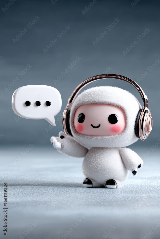 Obraz premium Cute White Robot Character Wea Headphones Standing on Surface with Speech Bubble in Studio Light Visual Style for Technology Concepts and Future Automation Themes