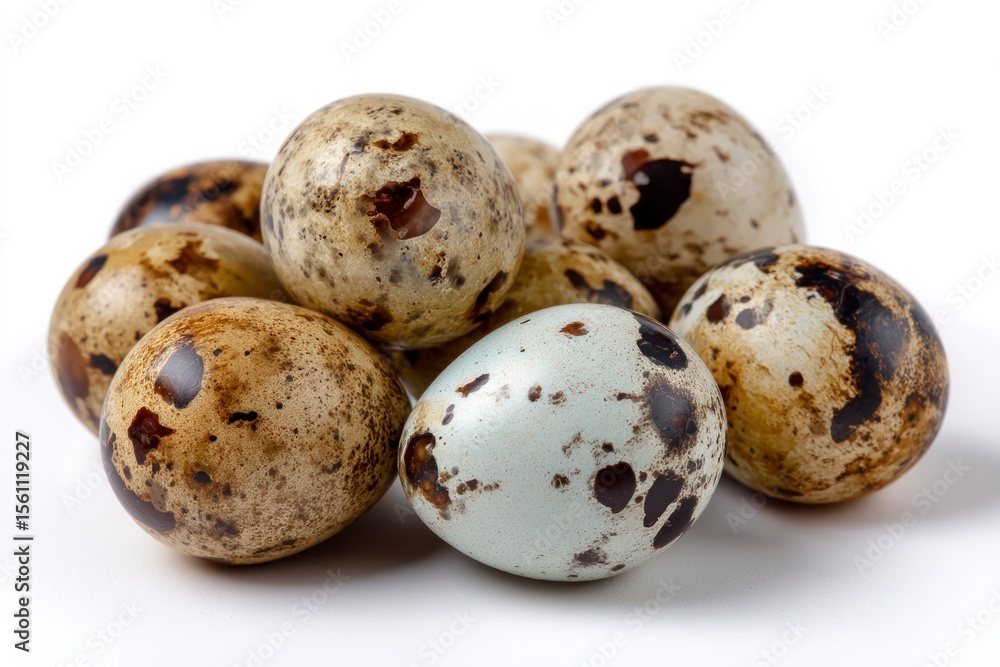 Obraz premium A pile of eight speckled quail eggs predominantly tan and brown with one unique bluetoned egg set against a plain white background